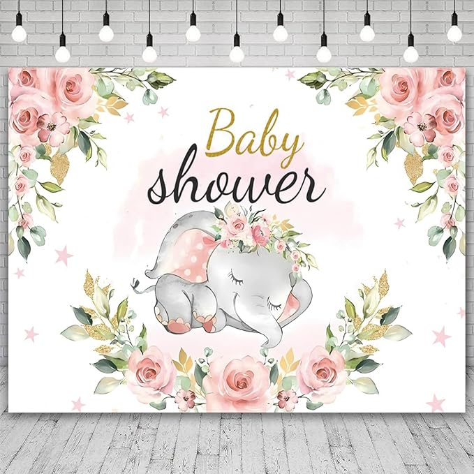 9x6ft Elephant Baby Shower Backdrop for Girl Pink Flowers Photography Background Newborn Girls Birthday Banner Decorations Sweet Princess Baby Party Portrait Photo Booth Prop