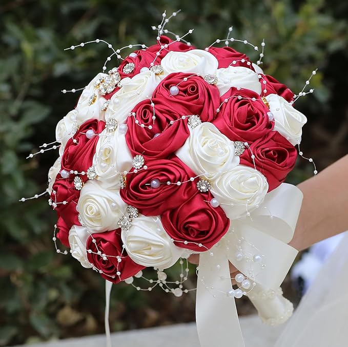 Bridal Wedding Bouquet Round Bling Brooch Bouquet Throw Toss Artificial Rose Flower Bunch for Bride Bridesmaid Wedding Quinceanera(Ruby Red & Ivory, 7.5")