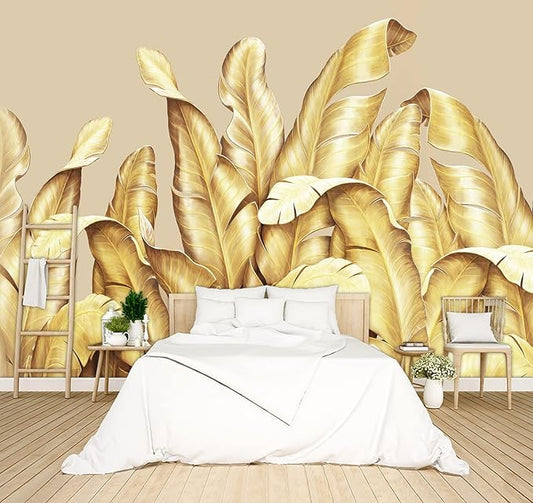 Gold Banana Leaf Botanical 3D Wallpaper Bedroom Tropical Plant murals Aesthetic Room Decor Living Room tv Background Large Wall Mural - 160"x108" Not Peel and Stick