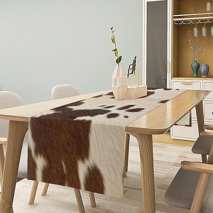 Cow Print Table Runner, Brown Cowhide Western Style Runner Country Farmhouse Cottage Patten Decoration for Home Kitchen Dining,13x36 Inch