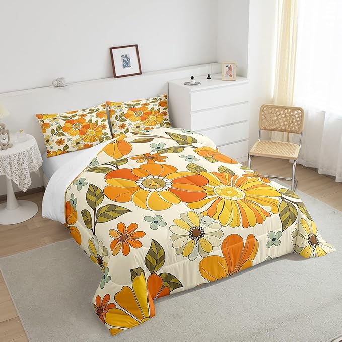 Castle Fairy Kids Retro Flowers Comforter Set Full Size,Watercolor Yellow Floral Green Leaves Plant Bedding Comforters Room Decor,70s Trippy Daisy Quilt Set with 2 Pillowcases,Teens Present