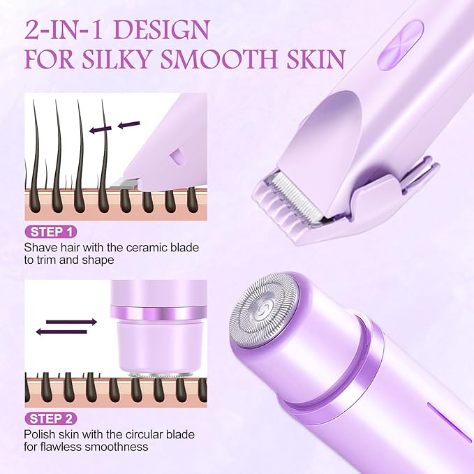 2025 New 2 in 1 Bikini Trimmer for Women, Bikini Shaver with Dual Head, Painless Smooth Shave & Gentle Pubic Hair Removal, Cordless & IPX7 Waterproof Electric Trimmer for Sensitive Skin (Purple)