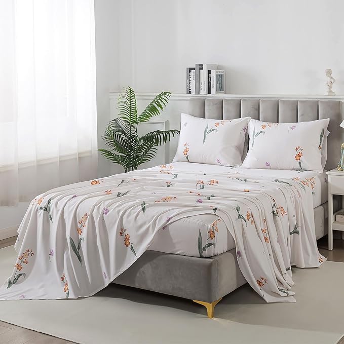 FADFAY Orange Vintage Orchid Floral King Size Sheets Set 100% Brushed Cotton Shabby Purple Tulip Pattern Bedding Set Deep Pocket Sheets with 2 Pillowcases Luxury Breathable Soft 4pcs, King Size