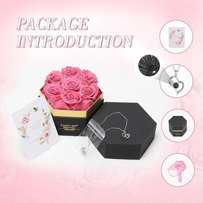 Preserved Roses Flowers for Delivery 7 Pcs, Forever Flores in a Box with Necklace, Eternal Rose Anniversary Birthday Gifts for Women Mom Wife Girlfriend, Rosas for Valentines Christmas, Pink