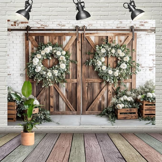 Rustic Barn Door Photography Backdrops, White Flower Wood Brown Barn Door Backdrop, Wedding Birthday Party Decors Photo Booth Props 15x10ft