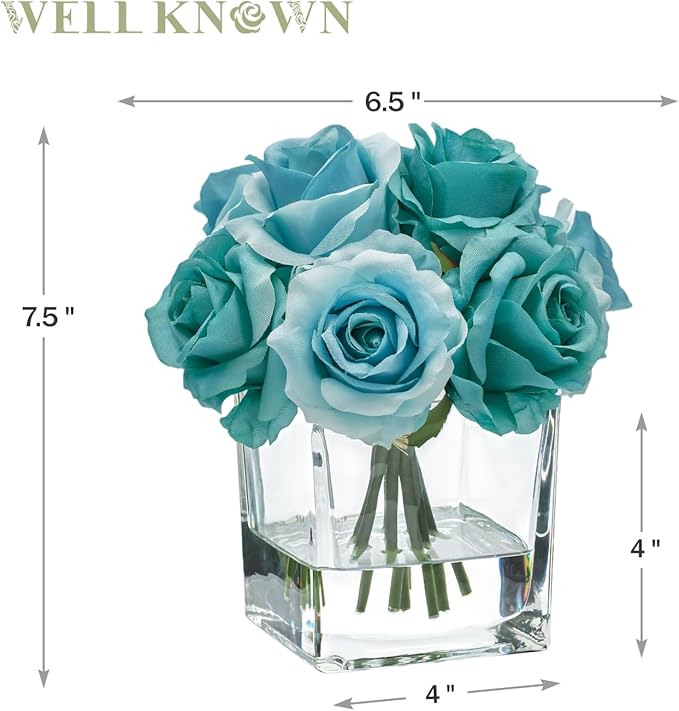 WELL KNOWN Rose Artificial Flowers in Vase with Faux Water, Silk Rose Table Centerpieces for Home Coffee Table Decor, Fake Roses Flower Arrangements for Office Hotel Lavatory Decor (Teal Blue)