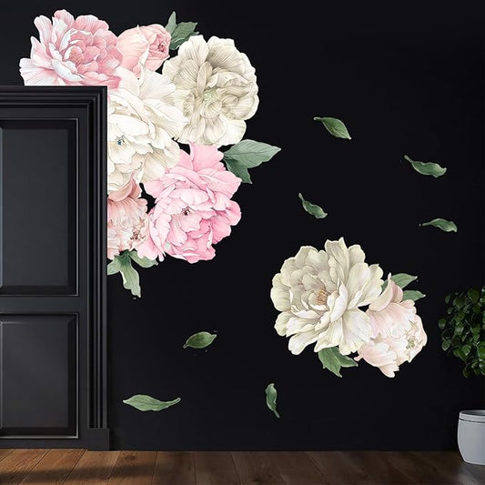 Large Pink and White Peony Wall Decals, Elegant Floral Stickers for Living Room Decor, Watercolor Vinyl Art for Bedroom, Master Bedroom & Home Decor
