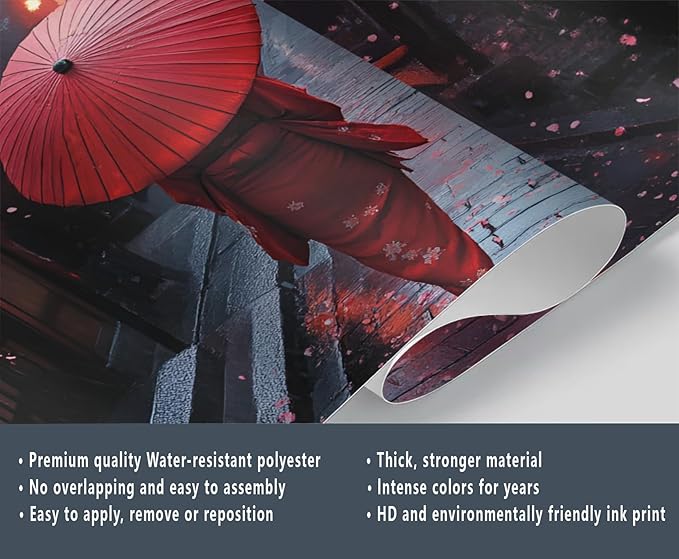 Japanese Street Wall Mural, Cherry Blossom Lantern Scene 3D Wall Murals, Romantic Rainy Evening Japan Wallpaper Mural, for Living Room Bedroom Large Wallpaper Indoor Decor 197" W x124.8 H