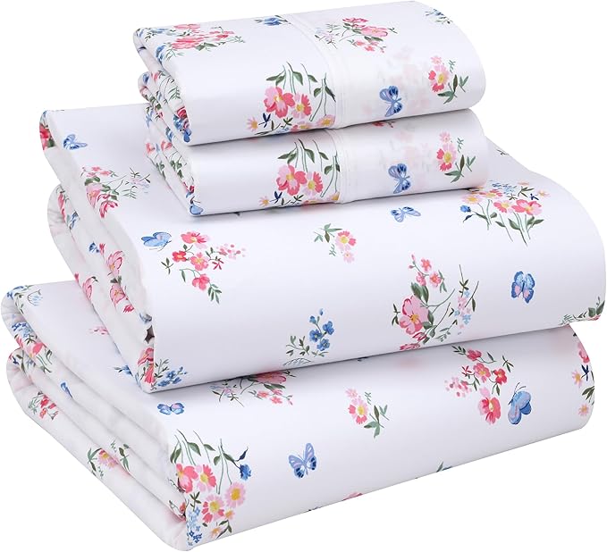 RUVANTI 100% Cotton Full Size Bed Sheets, 4 Pieces, Soft & Breathable Percale Weave Bedding, Deep Pocket 16", Hotel Standard, Crisp Cool Feel, Durable, Perfect Sheet Set Floral, Funa Flora