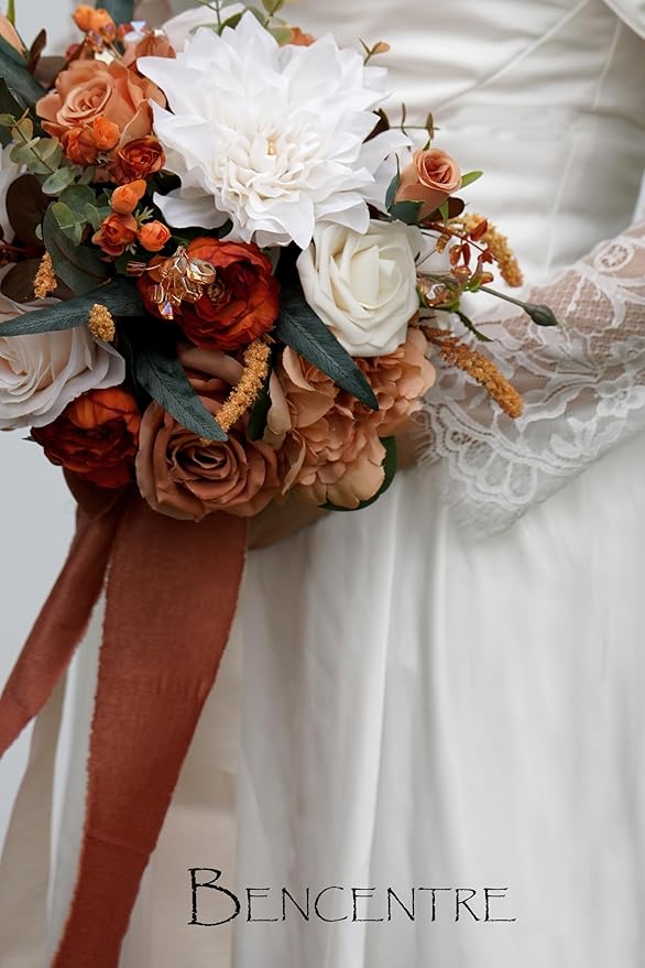10 Inch Burnt Orange Bridal Bouquet,Fall Wedding Bouquet,Bride Bouquets for Wedding Ceremony Anniversary, Party and French Rustic Vintage Wedding,Artificial Flowers