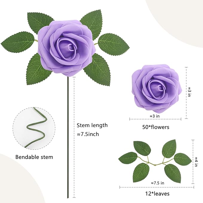 50PCS Artificial Flowers Purple Roses Real Looking Foam Fake Roses with Leaves and for DIY Wedding Bouquets Bridal Shower Centerpieces Party Decorations (Purple, 50)
