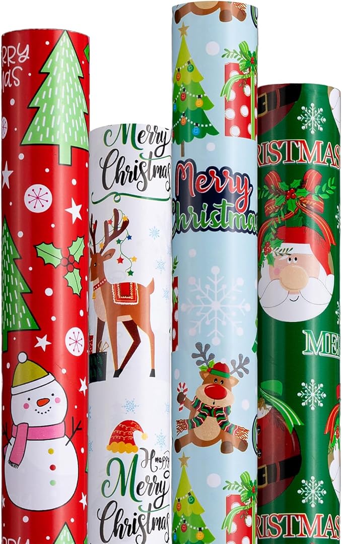 Anvure Christmas Wrapping Papers (4 Rolls: 93 sq. ft total) with Santa Claus, Snowman, Elk, Tree, Xmas Pattern Design, 17 Inch*16.4 Feet per Rolls, Blue/White/Red/Green Holiday Gift Wrap for Presents