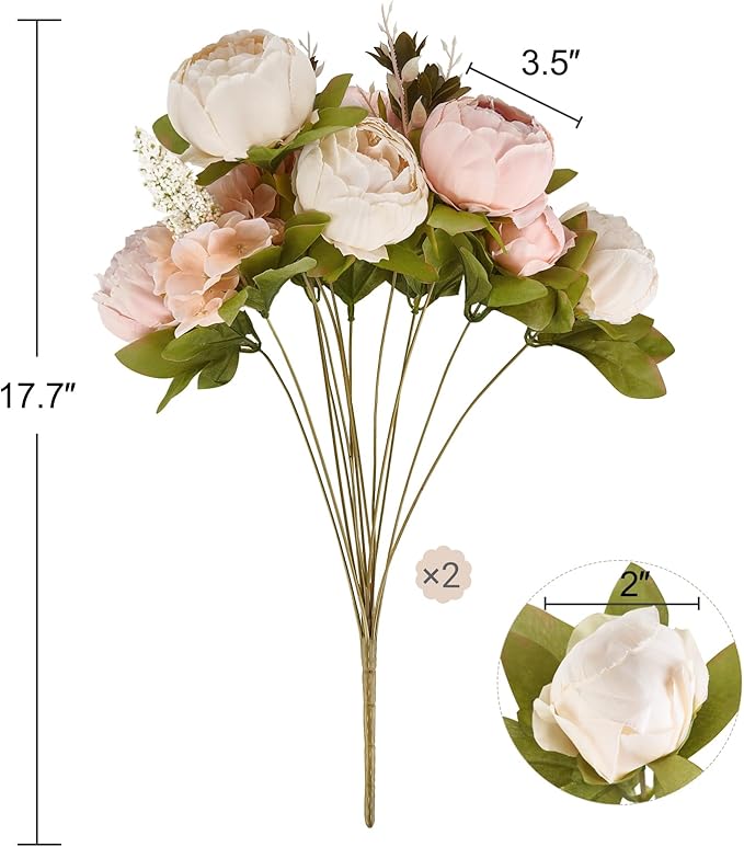Mkono Peonies Artificial Flowers, 2 Packs 13 Stems Faux Peony Flowers Real Touch Fake Silk Bouquet for Arrangements Dining Table Centerpieces for Kitchen Bridal Wedding Party (2, Light Pink)