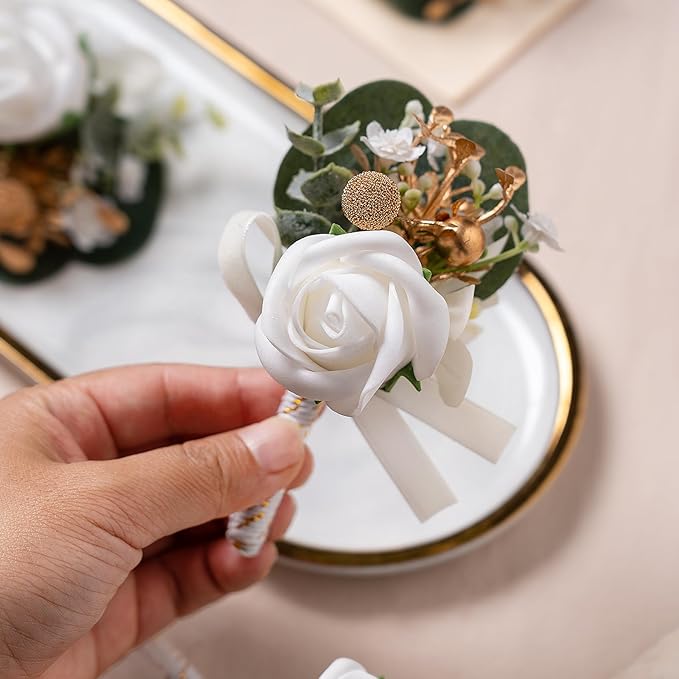 Meldel White Boutonniere for Men Wedding with Pins,Set of 6, Greenery Corsage Rose Groom Groomsmen Boutonniere for Wedding,Prom,Homecoming,Party,etc.