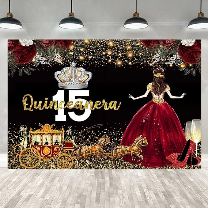 Red Dress Rose Flower Backdrops Quinceanera Birthday Backdrop for Girl Princess Happy 15th Bday Carriage Photography Props Cake Table Banner 7x5ft RBJLSLU36