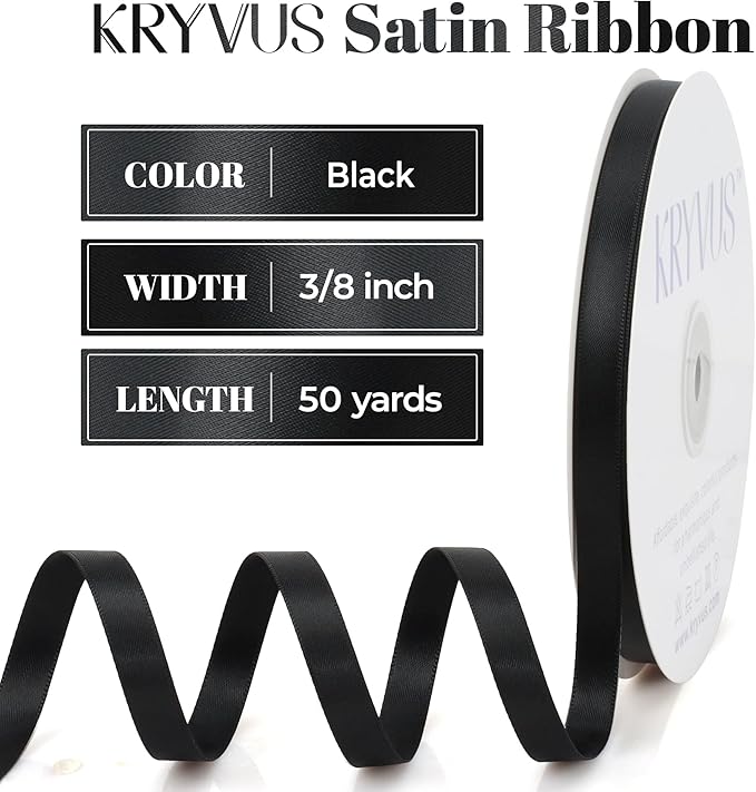 Black Satin Ribbon, Double Faced 3/8 Inch X 50 Yards Black Ribbon, Premium Satin Ribbon for Gift Wrapping, Crafts, Hair Bow Making, Sewing, Flower Bouquet, Wedding Party Decor