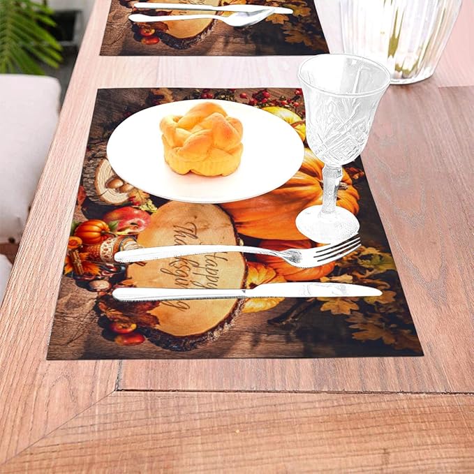 PVC Placemats Set of 1 Wipeable Table Mats Washable Heat Resistant Non Slip Vinyl Dining Table Mat for Kitchen Indoor Outdoor Patio Farmhouse Place Mats Thanksgiving Pumpkin Decorate Decorative