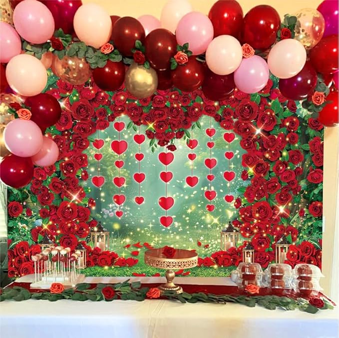 Valentine's Day Backdrop Red Rose Love Heart Garden Photography Background Floral Wedding Bridal Shower Birthday Party Decorations Photo Banner Props (94x70inch(8x6FT))