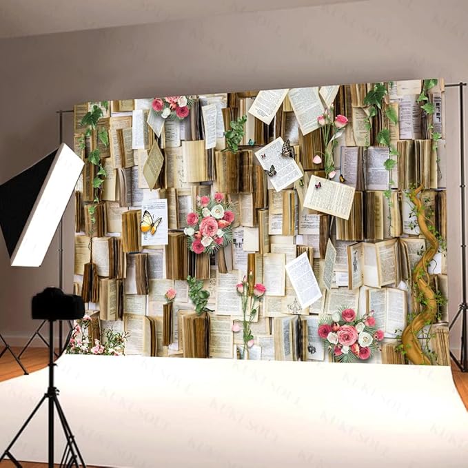 7x5FT Vintage Bookshelf Background Flower Garlend Book Pages Wedding Decorations Backdrop Adults Baby Shower Graduation Party Photo Studio Background Props KUBDJ943