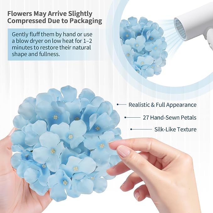 64PCS Artificial Hydrangea Flowers with Stems, Silk Flower Heads with 15 Butterfly, Crystal Strings and LED Lights for Wedding Arch, Centerpiece, Home, Garden Party Décor (64, Blue)