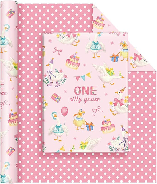 WERNNSAI Silly Goose Wrapping Paper - 1 Roll 17”x 33 ft 1st Birthday Wrapping Paper Pink Birthday Gift Wrap Baby Girls One Year Present Packing Wrap Baby Shower Reversible Design