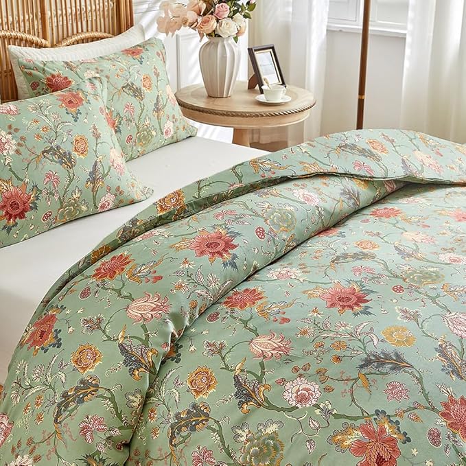 LifeTB Vintage Garden Floral Comforter Set Twin XL Chic Vibrant Green Floral Bedding Comforter Fluffy Soft Bohemian Flower Botanical Comforter with 2 Pillowcases Boho Farmhouse Bed Comforter Set