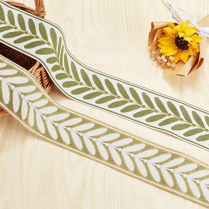 OLYCRAFT 10.9Yards Jacquard Ribbon Trim 2.4 Inch Leaf Pattern Jacquard Polyester Ribbons White Green Leaf Jacquard Woven Embroidery Trim for DIY Sewing Crafts Handmade Bag Belts Clothing Decoration