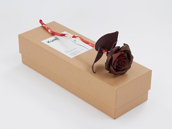 Handcrafted Genuine Leather Rose with Stem, Red, Gift Box Presentation, Lifelike Artisan Flower for 3rd Wedding Anniversary, Mother's Day (Dark Red)