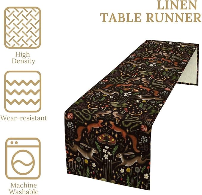Rustic Forest Table Runner, Fairy Tale Forest Woodland Wild Animals Moths Flowers Table Runner for Farmhouse Cottage Kitchen Dining Table Decor Indoor Outdoor Party, 13x90inch