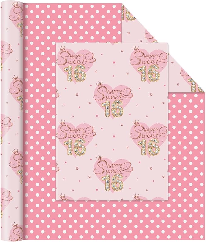 WERNNSAI Sweet 16th Birthday Wrapping Paper - 1 Roll 17”x 33ft Pink Love Heart Wrapping Paper 16th Girl Birthday Gift Packing Suppply for Princess Theme Party Wrap Decor Supply