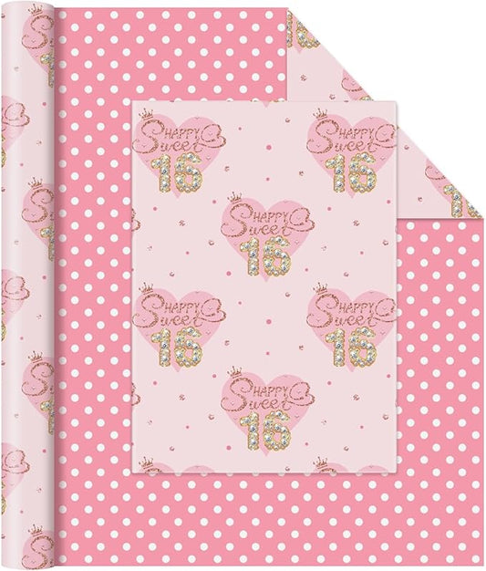 WERNNSAI Sweet 16th Birthday Wrapping Paper - 1 Roll 17”x 33ft Pink Love Heart Wrapping Paper 16th Girl Birthday Gift Packing Suppply for Princess Theme Party Wrap Decor Supply