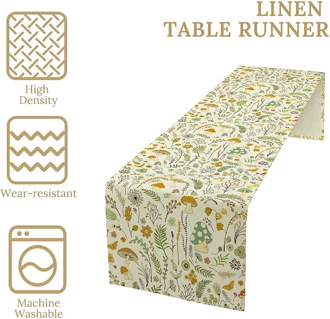 Wild Mushroom Table Runner, Vintage Botanical Rustic Retro Wildflower Herbs Plants Green Mushroom Table Cover for Home Kitchen Dining Decor Indoor Outdoor Party, 13x108inch