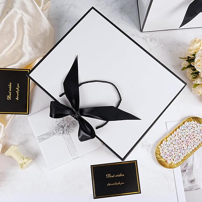 White Gift Bags 13 x 10 x 4’’, Portable Gift Bag Set with Tissue Paper and Greeting Cards, 2 PCS Gift Bags with Handles Ribbon for Women Men, Paper Present Bags for Birthday Party Wedding Christmas