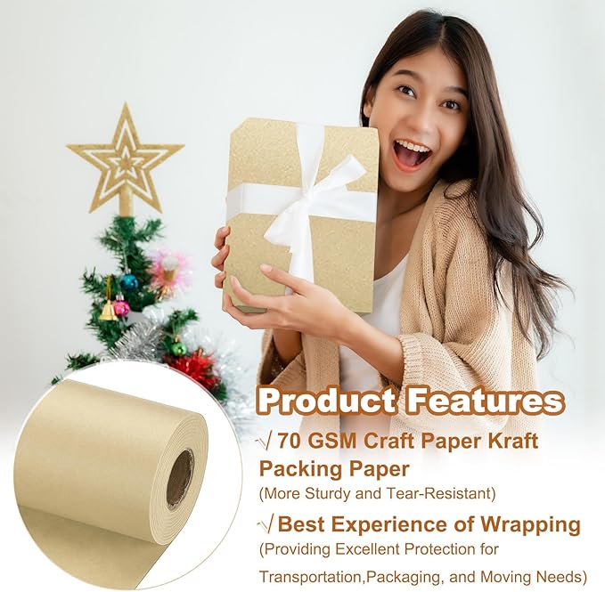 PATIKIL Wrapping Paper, 12" x 800"(66') 70 GSM Craft Paper Roll Kraft Packing Paper for Poster Bulletin Board, Gift Wrapping, Brown