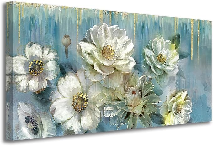 Ardemy Floral Canvas Wall Art for Living Room Large Magnolia White Flowers Teal Picture Bedroom Wall Decor Textured Painting Modern Turquoise Artwork Dining Room Home Office, 40"x20"