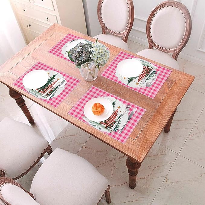 PVC Placemats Set of 6 Wipeable Table Mats Washable Heat Resistant Non Slip Vinyl Dining Table Mat for Kitchen Indoor Outdoor Patio Farmhouse Place Mats Pink Grid Christmas Tree Decorative