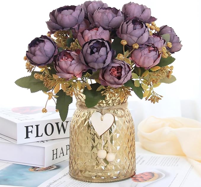 Fake Flowers in Vase,Fake Flowers with Vase 21 Pcs Faux Peony Flowers,Artificial Flowers for Home Decor, Indoor Centerpiece for Living Room & Dining Table (Purple Red)