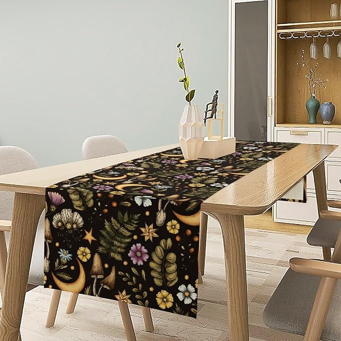 Vintage Mushroom Table Runner, Rustic Botanical Flowers Fern Moon Star Print Table Runner for Home Kitchen Dining Table Decoration Indoor Outdoor Party, 13x120inch