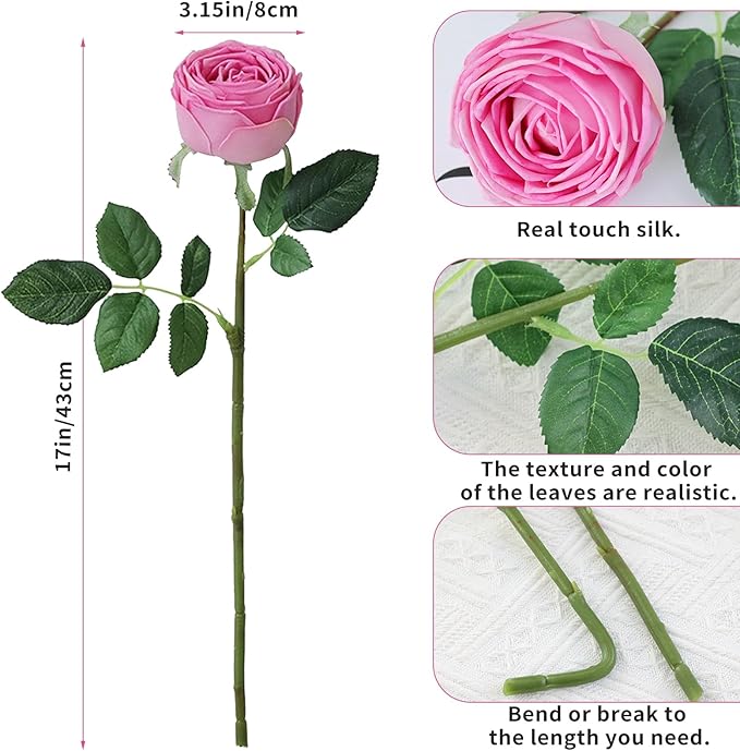 5Pcs Mixed Real Touch Artificial Silk Flowers with Stems - Lifelike Latex Austin Rose Peony for Wedding Bouquets, Home Decor, DIY Floral Arrangements