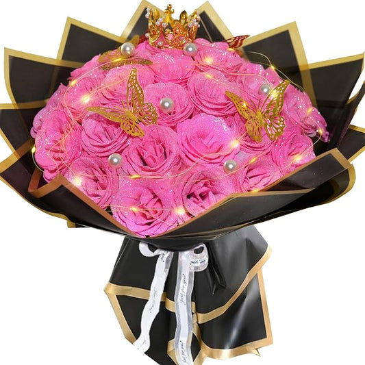 Pink Glitter Roses Bouquet, 36 Pcs Shiny Glitter Flowers Bouquet, Everlasting DIY Artificial Roses Bouquet for Christmas, Birthday, Anniversary, Wedding, Engagement