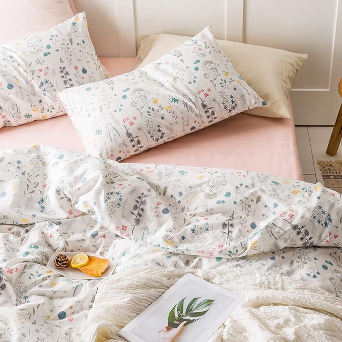 HighBuy Floral Duvet Cover Queen 100% Cotton Bedding Set Queen Girls Boys Cottagecore Bedding 3 Piece Comforter Cover Ultra Soft Garden Floral Quilt Cover with Zipper Closure