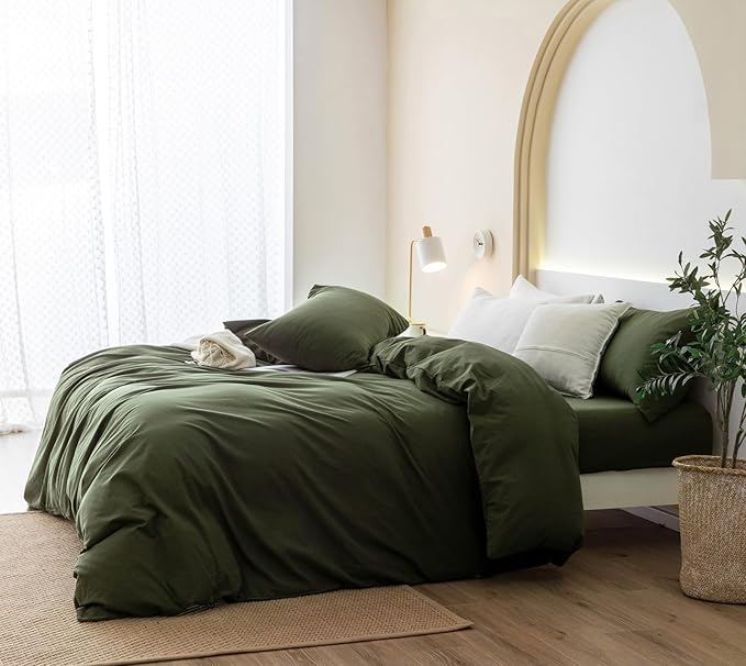 JIYUAN 100% Washed Cotton Duvet Cover Set 3 Pieces King, 1 Duvet Cover 104x90 Inches(Comforter Not Included) and 2 Pillowcases,Linen Feel Bedding Set Comfy and Breathable,Olive Green