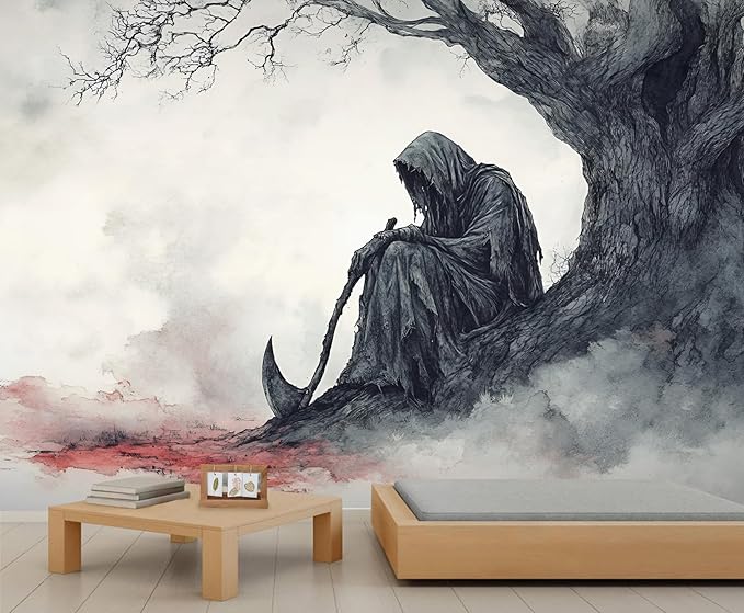 KIREUPA Grim Reaper Sitting Tree Wall Mural, Gothic Death 3d Wall Murals, Gothic Halloween Themed Wallpaper Mural, for Living Room Bedroom Large Wallpaper Indoor Decor 197" W x124.8 H