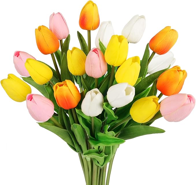 DEEMEI Tulips Artificial Flowers 20 Pcs Multicolor Fake Tulip Stems Real Touch PU Tulips for Easter Spring Wedding Bouquet Home Centerpiece Floral Arrangement Table Décor