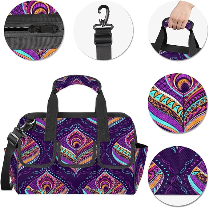 Purple Paisley Tool Bag for Men Women Multi-Pockets Wide Mouth Tool Storage Bags 14.8 Inch Waterproof Heavy Duty Tool Bag Organizer for Electrician Mechanic Plumbers Handymen