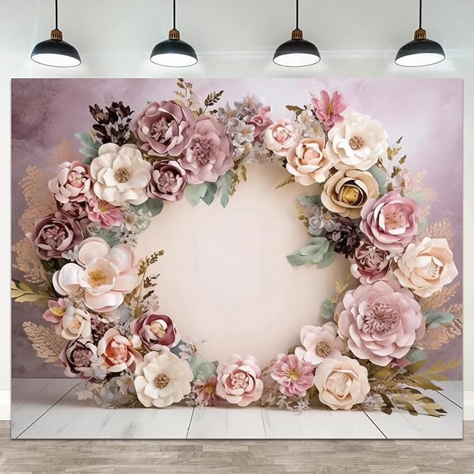 10x6.5ft Wedding Backdrop Purple Pink Floral Theme Photography Background White Flower Garland Green Leaves Bridal Shower Banner Decorations Girls Birthday Party Baby Portrait Photo Booth Prop