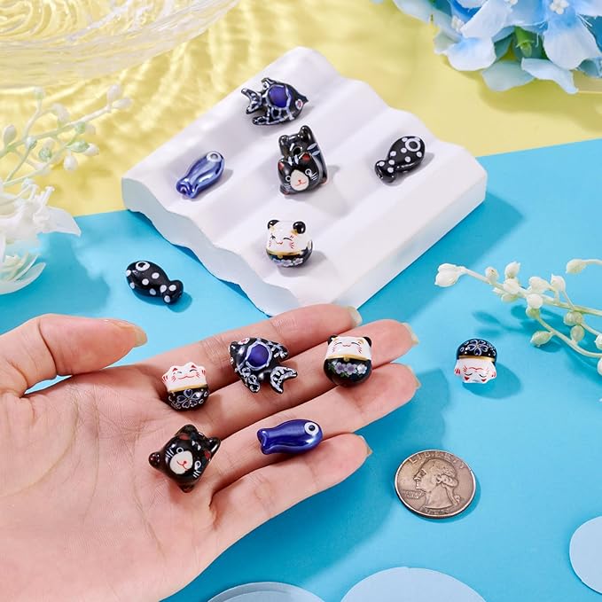 Beadthoven 12pcs Lucky Animal Ceramic Beads 3D Black Blue Handmade Porcelain Craft Beads Cute Fish Cat Shaped Floral Printed Animal Spacers for DIY Crafts Bracelet Earring Necklace Jewelry Making