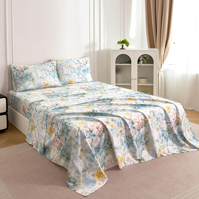 Zusbest King Size Sheets Luxury Floral Bed Sheet Set 100% Cotton, Satin Weave Soft Breathable for Hot Sleepers Romantic Peony Flowery Printed Cottagecore Bedding Deep Pocket 17.5‘’ Bed Set 4Pcs