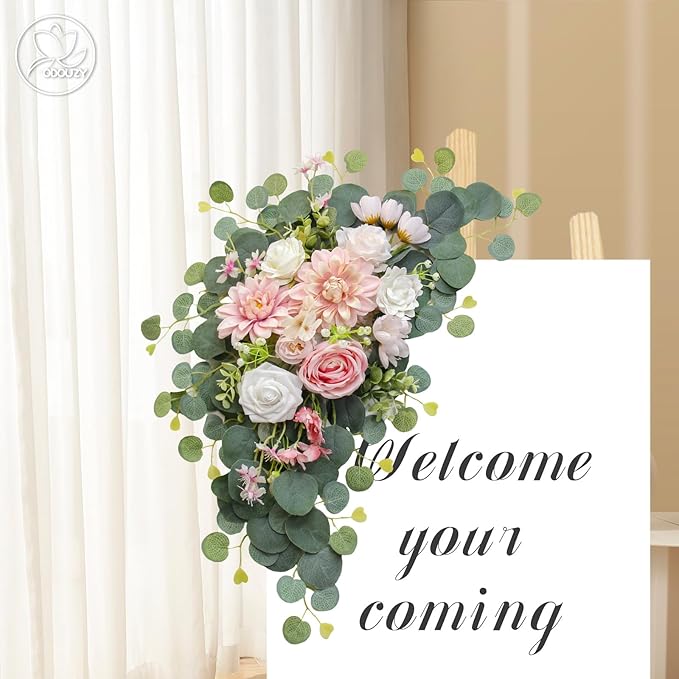 Artificial Wedding Arch Flowers for Wedding Sign,Set of 2 for Welcome Ceremony Sign,Faux Floral Swags, Banquet and Reception Backdrop Floral Decoration (Pink)