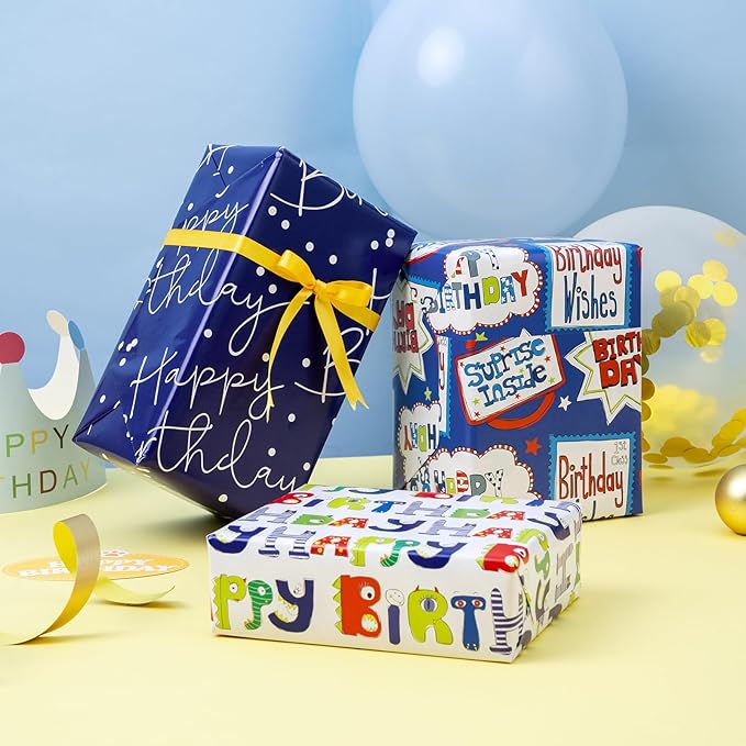 WRAPAHOLIC Birthday Wrapping Paper Sheet - 6 Sheets Balloon and Happy Bday Lettering Design Folded Flat for Birthday, Party, Baby Showers - 19.7 Inch X 27.5 Inch Per Sheet